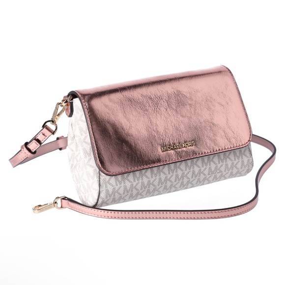 Michael Kors Jet Set MD Convertible Pouchette Crossbody Vanilla MK Pink Metallic - Picture 6 of 11